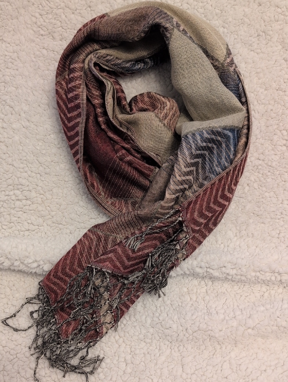 Woven Chevron Fringe Pashmina in Mauve, Beige & Slate
